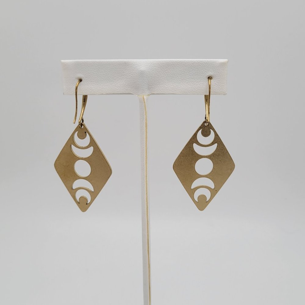 Dangle Drop Earrings Raw Brass Moon Phase Hook Handmade 2.5" Long Diamond Shape - Picture 8 of 12